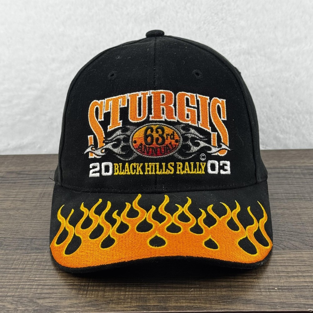 Vintage Sturgis Hat Cap‎ Strap Back Black Flames Black Hills Rally Mens 2000s
